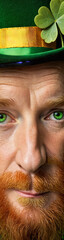 Fototapeta premium a headshot of an Irish leprechaun with shamrock and green eyes, Saint Patrick’s Day, Irish gnome, Ireland, cloverleaf, culture, tradition, website skyscraper, webdesign