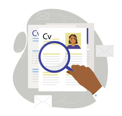 HR manager at workplace concept. Worker with magnifying glass evaluate cv. Headhunting and recruiting. Poster or banner. Cartoon flat vector illustration isolated on white background