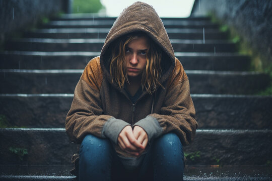 young depressed person sits alone on steps
