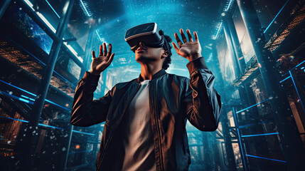 Man wearing virtual reality headset in server room.