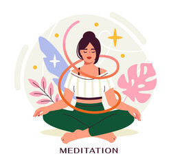 Concept of mindfulness. Woman sitting in lotus position. Yoga and meditation. Care about mental health and psychology. Cartoon flat vector illustration isolated on white background