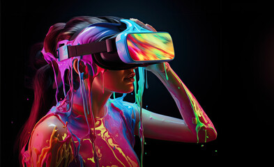 Fashionable Woman in Colorful Virtual Reality Gear Exploring Digital Art in Cyberspace