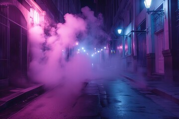 Dark and mysterious empty street Urban night scene with neon lighting and atmospheric smoke