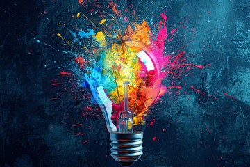 Creative explosion of a light bulb with vibrant paint splashes Innovation and creativity concept - obrazy, fototapety, plakaty