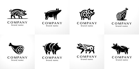 Stylish flat minimalistic logo design collection: modern graphic elements with abstract swine (jamon) shapes in black and white for agriculture and pig farm products in vector set - obrazy, fototapety, plakaty