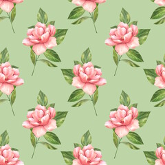 Floral seamless pattern background. Seamless pattern with pink flowers on green.