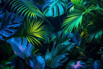 Lush tropical foliage with vibrant green and blue neon lighting Exotic and mysterious ambiance