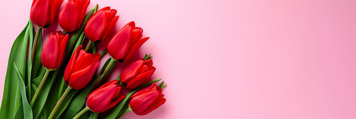 Fresh red tulips on pink background, spring and holidays concept, top view, copy space