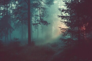 Fototapeta premium Misty vintage forest landscape Ethereal foggy woods Retro style nature scene