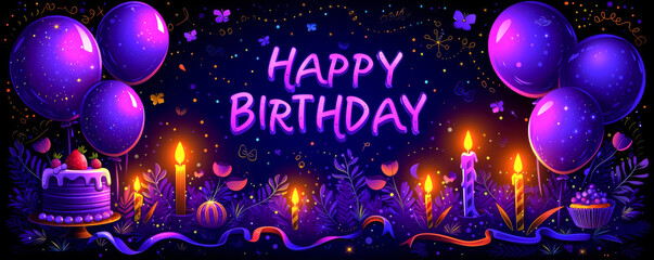 Happy Birthday greeting card with balloons, cake and candles.