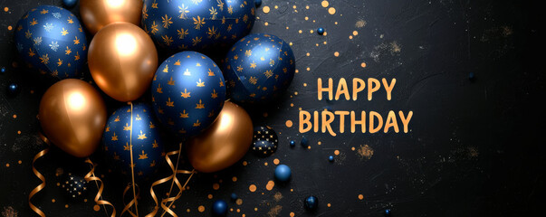 Happy birthday greeting card with golden and blue balloons and stars on black background.