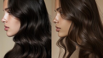 Obraz premium From tousled to polished: a side-by-side comparison of brunette hair, highlighting the stark contrast between natural texture and professional styling