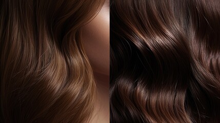 Fototapeta premium From tousled to polished: a side-by-side comparison of brunette hair, highlighting the stark contrast between natural texture and professional styling