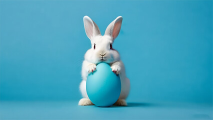 Obraz premium White Rabit hatching from blue Easter egg isolated on pastel blue background. Easter celebration. Happy easter. cope space. Rabit sitting beside the egg