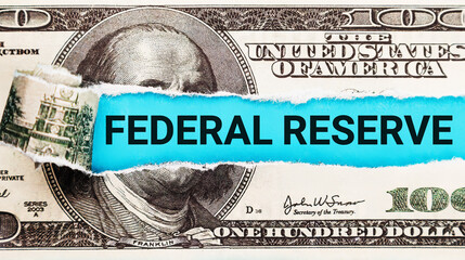 Federal Reserve. The word Federal Reserve in the background of the US dollar. Building Exterior with American Flag. Iconic Symbol of Monetary Policy and Central Banking System in the USA. - obrazy, fototapety, plakaty