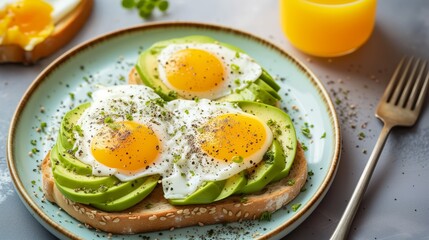 seasoning avocado toast on plate, toast at the bottom, avocado slices, side up eggs on top, sprinkled with black pepper, orange juice, good composition, photo for the restaurant menu