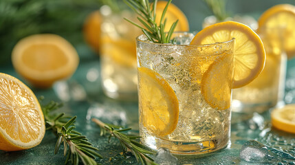Delicious lemon cocktail with rosemary in a glasses. Citrus and rosemary fresh lemonade in glass on a white table at home, summer drink, detox healthy water.