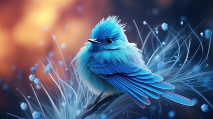 Cute little blue bird. Cute animals and birds. Spring symbol. Blue luck bird. glow and bokeh