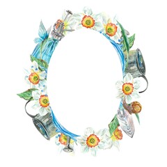 Daffodils frame, oval. Butterfly, sprayer, watering can. Watercolor illustration isolated on white background. Greeting cards, invitations, banners.