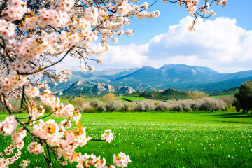 Spring landscape with an almond tree in the foreground and a green field with mountains in the background.