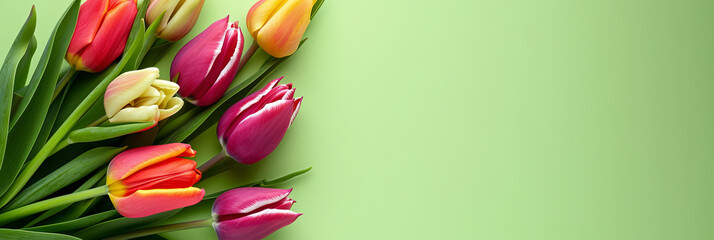 Fresh tulips on green background, spring and holidays concept, top view, copy space