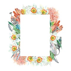 Daffodils frame. Gloves, spray bottle, hydrangea, watering can. Watercolor illustration isolated on white background. Cards, invitations, covers.