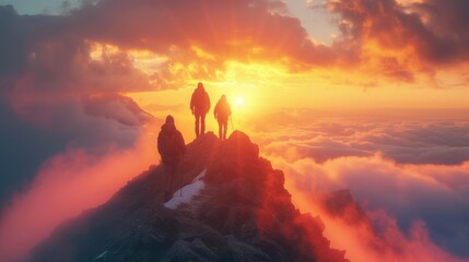 Fototapeta premium A small group of hikers reach the peak of a mist-covered mountain at dawn against the backdrop of a breathtaking panorama.