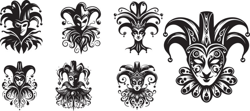 set Jester profile. Simple illustration black and white vector,  Jester fools hats 