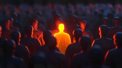 Fototapeta na wymiar A 3D man radiating light among the crowd in the dark on a digital backdrop. Luminous presence rendered in contrast to a singular figure. Concept of leadership or uniqueness.