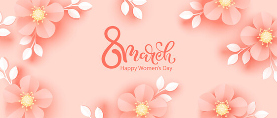 8 March. International Women's Day greeting card. Paper art pink flowers, number 8 silhouette.

