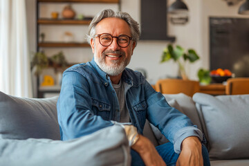 Fototapeta premium Happy middle aged man sitting on sofa at home, a single mature senior in living room