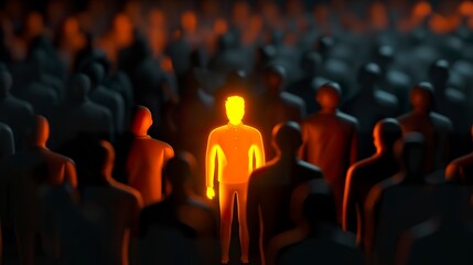 A 3D man radiating light among the crowd in the dark on a digital backdrop. Luminous presence rendered in contrast to a singular figure. Concept of leadership or uniqueness.