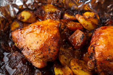 Chicken baked in sauce and spices in foil close-up