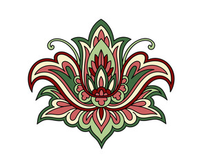 Paisley leaf linear. Hand drawn object. Beauty and elegance. Red and green flower. Graphic element for website. Old style creativity. Outline flat vector illustration isolated on white background