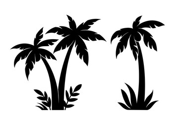 Palm silhouettes set. Symbol of tropical and exotic countries and islands. Flora and foliage. Graphic element for website. Cartoon flat vector collection isolated on white background