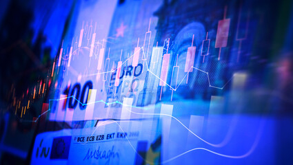 Euro banknote with decreasing stock market graph chart for symbol of economic recession crisis concept.	
 - obrazy, fototapety, plakaty
