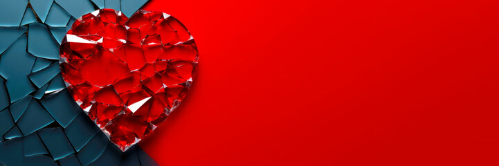Red glass broken heart. Shiny heart with cracks made of bright red glass isolated on a red background. Relationship issues concept, Valentine's Day theme. - obrazy, fototapety, plakaty