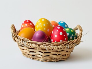 Fototapeta na wymiar Celebrate Easter with vibrant joy as colorful hand-painted eggs nestle in a basket, creating a festive and cheerful scene for your holiday-themed projects