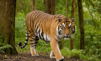 Fototapeta premium Majestic tiger roaming through the lush forest
