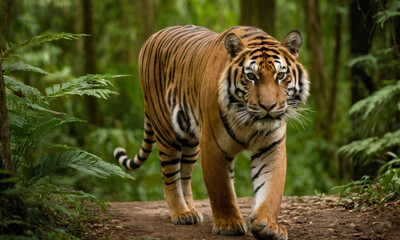 Majestic tiger roaming through the lush forest