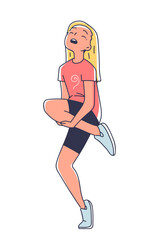 Person feel pain doodle concept. Young girl suffer from ache in leg. Health care and treatment, medicine. Child with pain. Outline flat vector illustration isolated on white background