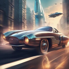 Futuristic car in oldtimer (fictional) style against the backdrop of bright fantastic city streets. Illustration by Generation AI. - obrazy, fototapety, plakaty