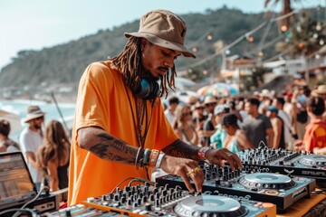 Black dreadlocked DJ playing at a summer beach music festival