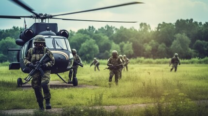 Amid swirling sand, a helicopter lands as special forces soldiers emerge, ready for action, evoking a scene of intense military readiness. - obrazy, fototapety, plakaty