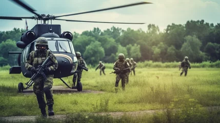 Keuken foto achterwand Amid swirling sand, a helicopter lands as special forces soldiers emerge, ready for action, evoking a scene of intense military readiness. © GoLyaf