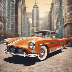 Futuristic car in oldtimer (fictional) style against the backdrop of bright fantastic city streets. Illustration by Generation AI.