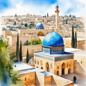 Al-Aqsa Mosque. Old City of Jerusalem. Watercolor style illustration by Generative AI.