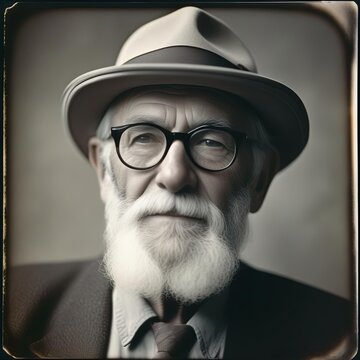 A portrait of an elderly man with a beard, with glasses and a hat. Film stilization. Illustration by Generation AI.