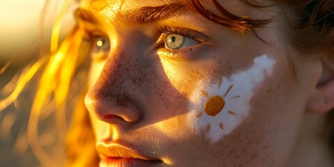 Serene young woman with a daisy on her face at sunset. ethereal beauty in golden light. tranquil, natural, and artistic portrait. AI