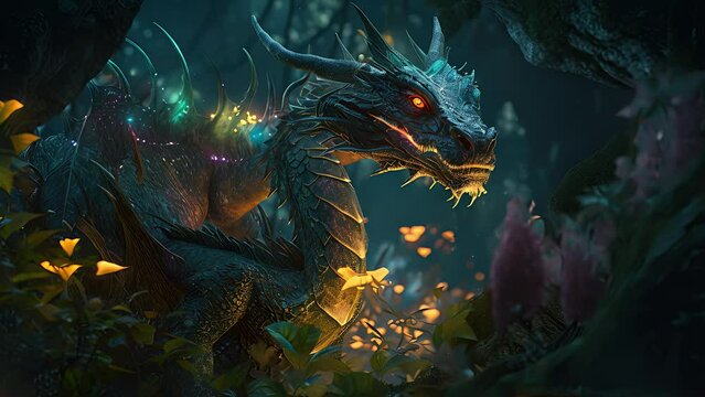 beautiful dragon in a magical night forest. Created with Generative AI.	
